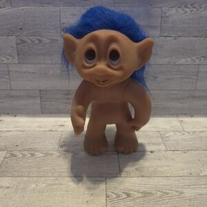 Vintage Thomas DAM Troll 1977 Body 1985 Head 9" Blue Hair Mustache Amber Eyes